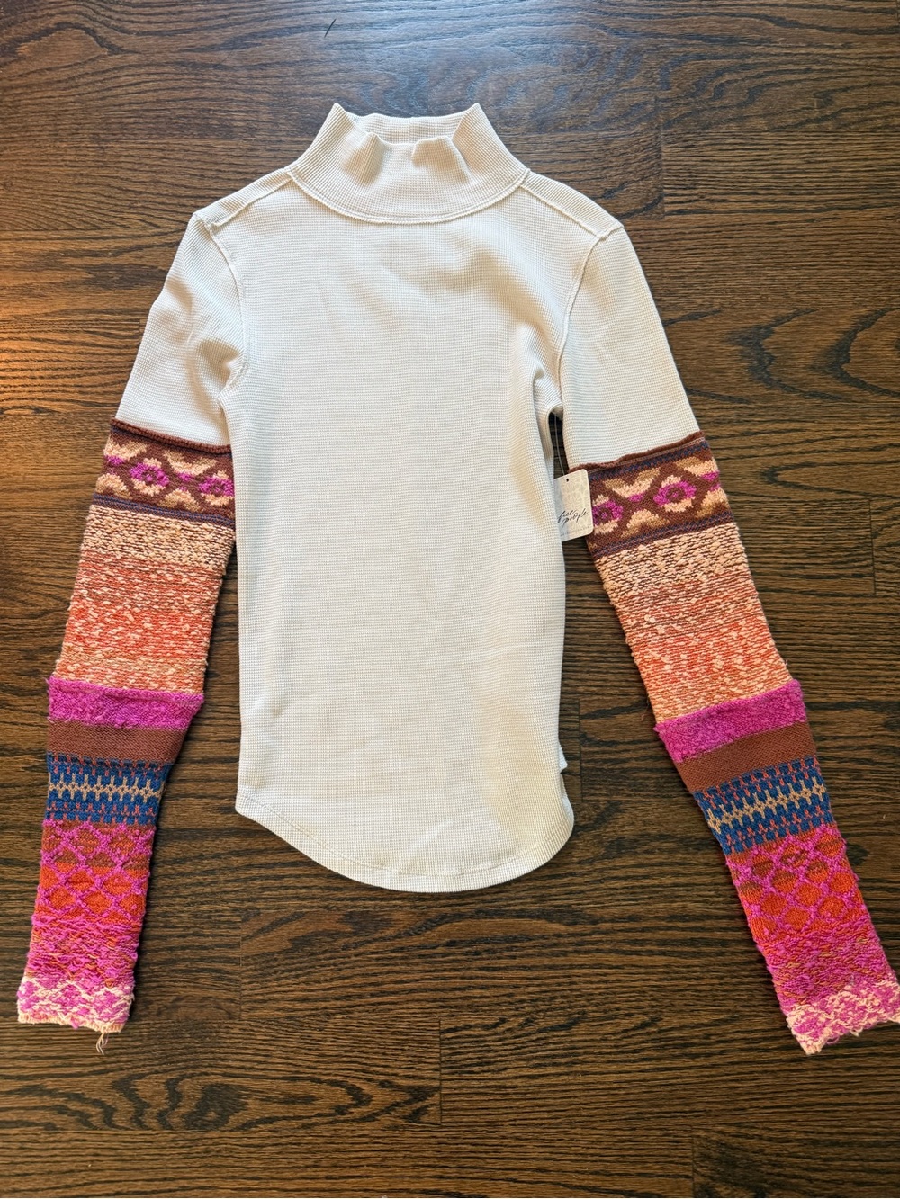 Free People Cream Turtleneck with Multi-Patterned Pink and Orange Sleeves